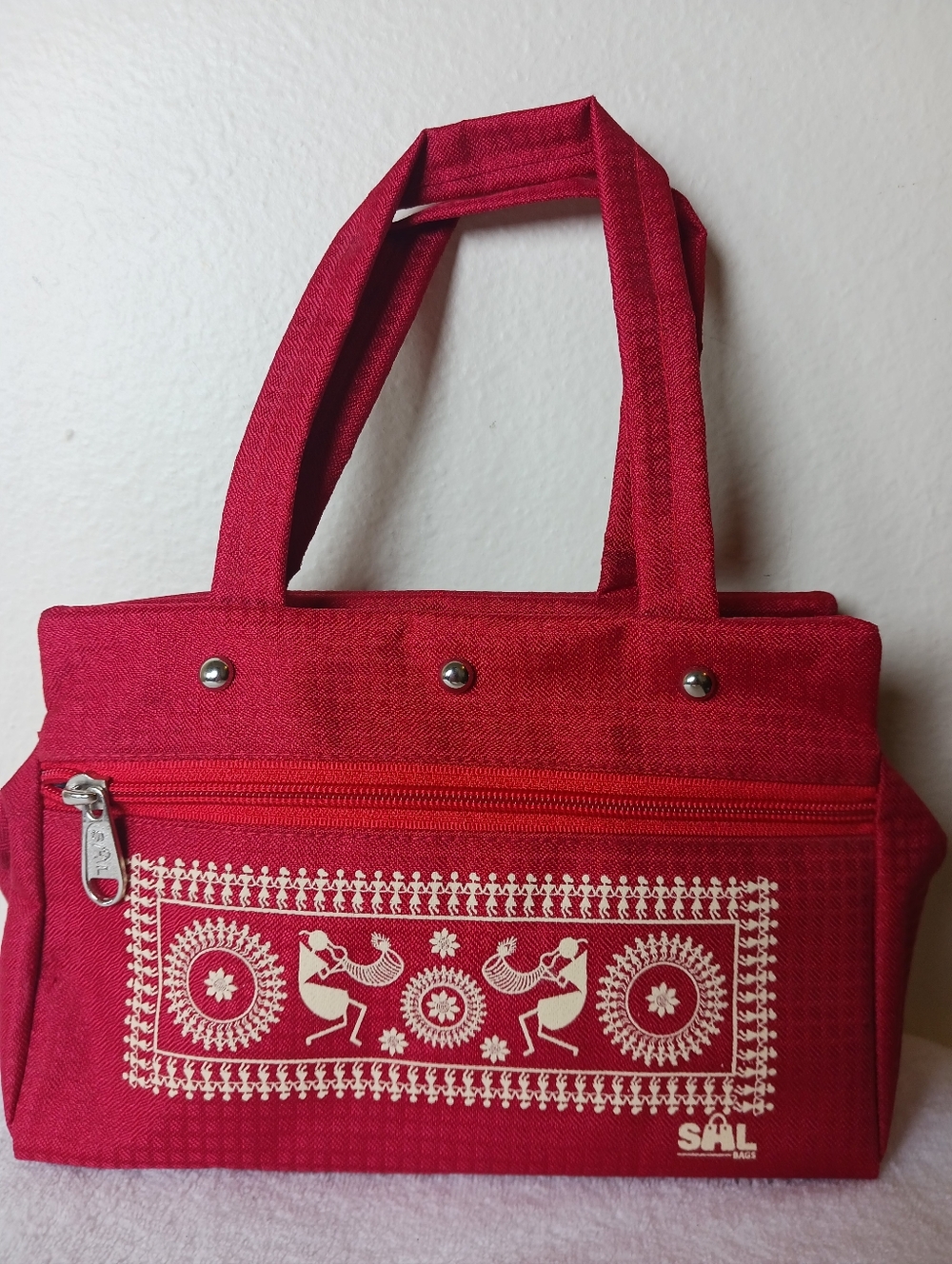 Red Canvas Tote Bag with Tribal Print